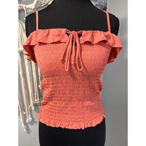 American Eagle Outfitters Womens Smocked Coral Tank Ruffle Adjustable Straps